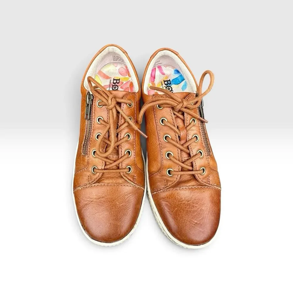 BORN Womens 7M Brown Cognac Leather Sneakers Lace Up Side Zip Comfort Shoes